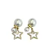 Pendientes Vintage de Estrella de Cinco Puntas con Perla Marca D para Mujer, Púa de Plata S925, Estilo Socialité de Lujo Ligero, Pendientes de Doble Uso