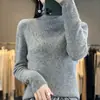 Camiseta básica de cuello alto acanalada sin costuras 100% lana, corte ajustado, color liso, suéter adelgazante, top versátil para mujer