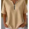 Camiseta Manga Curta Meio Zíper Estilo Europeu e Americano Waffle Gola Redonda Gola V Solta Casual Top Design de Verão Roupas Femininas