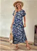 Vestido Estampado de Verano 2026 Estilo Europeo y Americano para Mujer, Estilo Resort Holgado, Falda Larga, Cuello Redondo, Manga Corta, Vestido de Playa