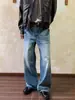 Jeans para Hombre Lavados Vintage Desgastados, Nuevo Estilo de Verano, Moda de Hong Kong, Tiro Alto, Pierna Ancha, Sueltos, Caídos, Pantalones de Largo Completo
