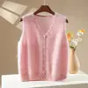 Novo colete cardigã de malha escovada com decote V de lã cashmere feminino para outono e inverno, colete de camada sem mangas em cor sólida