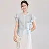2603310-Elegante Blusa de Manga con Volantes Estilo Francés Adelgazante con Lazada de Tencel Acetato para Mujer, Estilo Verano
