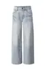 Jeans versátil azul claro lavado com efeito bigode de gato, corte reto solto para mulheres, novas calças casuais de cintura média, corte slim, perna larga 6016