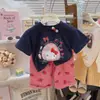Traje de Pantalón a Cuadros de Manga Corta Bordado Casual de Dibujos Animados de Verano para Niños Niñas Estilo Occidental Camiseta de Manga Corta W