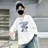 Camiseta infantil de manga comprida estampada para menino, novo estilo primavera e outono 2026, top 100% algodão para crianças maiores