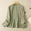 Camisa longa de algodão e linho com corte solto estilo vintage para mulheres, novo modelo primavera-verão 2024, gola redonda, jaqueta-camisa de comprimento médio para mulheres