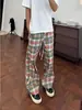 Pantalones Casuales a Cuadros Arcoíris Dopamina para Hombre, Corte Holgado con Efecto Caído, Pantalones de Pierna Recta Vintage Guadaña Pierna Ancha para Otoño