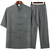Traje Tang Masculino para Meia-Idade e Idosos, Conjunto de Seda Gelada de Manga Curta, Roupa de Verão para Avô, Gola Alta, Botões, Conjunto de Duas Peças Hanfu para Avô