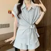 Conjunto de Dos Piezas para Mujer Talla Grande de Verano Ligeramente Redonda MM Diseño Delgado y Favorecedor Camisa de Manga Corta con Cordones en la Cintura y Shorts