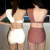 Biquíni Simples Coreano Sexy Ombro Inclinado Push-Up para Seios Pequenos Cintura Alta Uma Alça Cor Sólida Controle de Barriga Emagrecedor Conjunto de Duas Peças para Mulheres