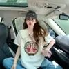 Camiseta de Verano Dulce y Fresca con Contraste de Color Bordada con Cuello de Muñeca para Mujer, Única de Dibujos Animados Graffiti Moda Holgada Casual Adelgazante Top
