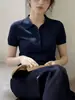 Camisa Polo de Seda Helada Estilo Francés, Camiseta de Punto de Manga Corta para Mujer, Casual de Verano, Elegante, Corte Ajustado, Tacto Frío, Top de Hombro Regular