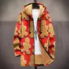 Chaqueta de Estilo Nuevo Transfronteriza con Elementos de Patrón Multicolor, Cárdigan con Capucha y Cremallera 62, Abrigo Grueso de Algodón Polar de Invierno con Forro Amarillo