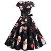 C vestido cruzado navideño de estilo Hepburn retro para mujer con cuello redondo, manga corta, estampado de muñeco de nieve y lazo negro ceñido a la cintura