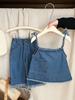Traje de primavera para niña de estilo coreano, elegante top de mezclilla con tirantes para bebé, pantalones anchos de otoño para niños que combinan con todo.