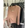 MISS Otoño Moda Básica Acanalada Versátil Ajuste Delgado Cuello Redondo Manga Larga Suéter de Punto para Mujer 98125