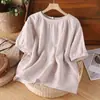Beba Chá, Admire as Flores, Ouça a Chuva, A Vida é Pequena e Satisfeita. Tops de Algodão Fino e Linho Tingidos em Fio, Camisetas Soltas de Manga Curta