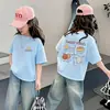 Ropa para niños, camiseta de algodón puro para niños, ropa de verano, camiseta de manga corta de algodón puro para bebé, top estampado holgado y elegante para niñas