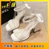 Sandalias de Tacón Grueso con Puntera Cuadrada y Lazo de Perlas Francesas para Mujer Verano 2025 Nuevos Zapatos de Tacón Alto para Fiesta con Punta Abierta Tacón Medio