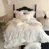 Conjunto de Colcha Estilo Princesa Romântica de Algodão Tencel Peça Única Quatro Peças Capa de Edredom com Renda Franzida Estilo Francês Capa de Edredom Suave e Sedosa Amiga da Pele Lençol de Cama