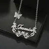 Amazon Acero de Titanio Mariposa Floral Fuente Personalizada Collar Dorado Hueco Forma Floral Letra Inglesa Cadena para Clavícula para Mujeres