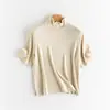 Camiseta de manga corta de lana mercerizada, corte holgado, elástica, cómoda y cálida, con cuello alto, camiseta base de punto adelgazante para mujer