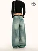Jeans Lavados Azules Estilo Retro Americano Yongfang para Hombres y Mujeres, Holgados Desconstruidos con Empalmes Bigotes, Pantalones de Pierna Ancha Scimitar Modernos Desgastados