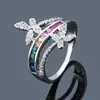 Anillo de Pareja de Moda para Parejas de Corea del Sur Anillo Sencillo de Mariposa con Diamante para Mujer Anillo de Circonita Arcoíris de Siete Colores Joyería Transfronteriza