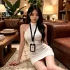 Vestido Sexy de Cuello Halter para Mujer Verano Adelgazante Favorecedor Elegante Fiesta Color Sólido Falda Bodycon Estilo Perezoso Ropa de Casa