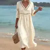 Nuevo Vestido de Verano para Moda Femenina Transfronteriza Europea y Americana: Vestido largo casual, cómodo, holgado, de cuello en V, color sólido, retazos