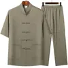 Traje Tang Masculino para Meia-Idade e Idosos, Conjunto de Seda Gelada de Manga Curta, Roupa de Verão para Avô, Gola Alta, Botões, Conjunto de Duas Peças Hanfu para Avô