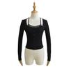 Início do outono novo laço costura manga comprida top colarinho feminino falso de duas peças slim curto t-shirt s20977