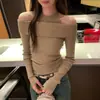 Lindo top de malha estilo coreano cáqui, falso duas peças, manga longa, para mulheres, look estiloso para o início do outono com top interno ombro a ombro