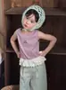 Colete de Tricô Doce Estilo Coreano para Meninas, Novo Top Sem Manga de Renda de Verão para Crianças, Camiseta para Bebê