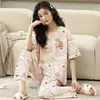 Atacado do Fabricante Pijama de Verão Feminino Manga Curta Calça Longa Desenho Animado Fofo Urso Celebridade da Internet Conjunto de Roupa para Casa Primavera e Outono Fino