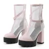 Sandalias de tacón alto para mujer de verano, color liso, punta cerrada, suela gruesa, antideslizantes, tacón cuadrado, estilo europeo y americano, comercio exterior, con cremallera, botas para mujer de talla grande