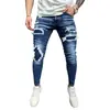 Comercio Exterior Transfronterizo Moda Europea y Americana Jeans Rasgados de Moda Lavado Desgastado Parches Jeans Elásticos para Hombre