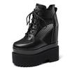 Sapatos para a Temporada de Primavera com Aumento Oculto de Altura de 16cm, Sapatos Plataforma Versáteis de Couro Genuíno para Mulheres, Sapatos Casuais com Cadarço e Solado Grosso em Malha