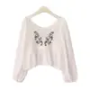 Nuevo Estilo Japonés Dulce de Principios de Otoño Cuello Redondo Grande Holgado Bordado Ganchillo Punto Hueco Camisa Top de Manga Larga de Gasa para Mujer