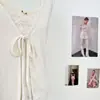 Camisola com Gola Jacquard de Renda Falsa Duas Peças, Foco Espelhado, Cardigã de Manga Longa Tencel com Amarração em Bege