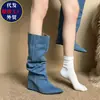 Botas de tacón de cuña de tacón alto, punta fina, botines, botas de montar hasta media pantorrilla, botas de mujer, colección otoño/invierno 2026, botas largas de mezclilla azul