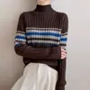 2025 Nuevo Otoño e Invierno Andy Terciopelo Cuello Alto Medio Tejido de Punto Manga Larga para Mujer Rayas de Bloque de Color Camiseta Top para Fondo