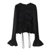 Llegadas de Verano Transfronterizas Ropa de Mujer Estilo Europeo y Americano Moda de Comercio Exterior Versátil Cuatro Colores Cordón Decorado con Campana Camisa de Manga Larga Top