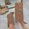 Botas femininas de comércio exterior transfronteiriço com bico fino, cano largo, fivela de metal reta, botas de comprimento médio, tamanho grande, salto grosso, botas femininas estilo calça