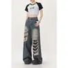 Jeans rotos de diseño retro de alta costura de nicho estilo americano para hombre, pantalones de otoño de cintura alta, holgados, estilo callejero, largos hasta el suelo