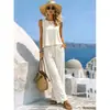 2026 Nuevo Conjunto Cruzado Europeo y Americano para Mujer en Amazon, Casual, de Algodón y Lino, Chaleco sin Mangas y Pantalones, Cuello Redondo, Color Sólido, Moderno