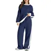 Conjunto esportivo color block mais vendido da Amazon para mulheres: moletom de gola redonda com ombros caídos e calça pantalona de cintura alta com listras laterais, vestuário feminino de comércio exterior