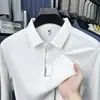 Camisa Polo fina de manga longa de seda gelada para homens, adequada para primavera e outono, casual e versátil, elástica, resistente a rugas, não precisa passar, adequada para homens de meia-idade