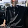2026 Verão Novo Masculino Cor Blocada Zíper Gola Lapela Peso Pesado Camisa POLO Camiseta de Manga Curta Top Solto Curto Largo Masculino